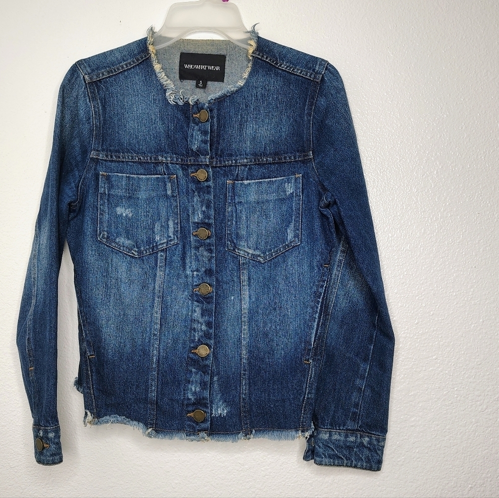 Who What Wear Denim Jacket Womenâs Small Raw Hem Button Front Blue - Picture 1 of 12